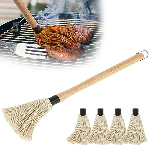Basting Brush for Grilling, Reusable Grill Basting Mop with 4 Extra Replacement Heads, Portable Barbecue Basting Brushes with Wooden Long Handle for BBQ Grilling Smoking Steak, 18.3×5.3inch