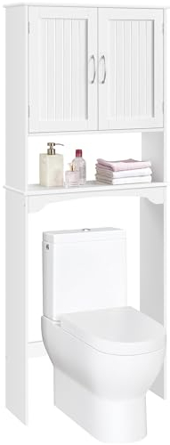 Abician Meuble WC Rangement Blanc au-Dessus de Toilette, Meuble Conlonne en Bois de Salle de Bain avec 1 Compartiment et 1 Placard avec Porte, 2 Étagères Réglables Dessus Machine à Laver Gain de Place