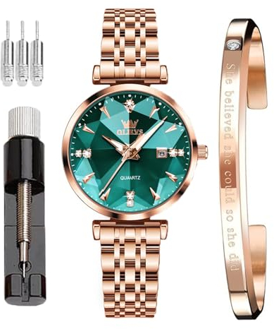 OLEVS Damen-Armbanduhr, luxuriös, Roségold, ultradünn, leicht, aus Edelstahl, Mesh, elegant, wasserdicht, mit verstellbarem Armband, Gw-g5536-rosa grüne Oberfläche, Klassisch