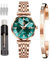 OLEVS Damen-Armbanduhr, luxuriös, Roségold, ultradünn, leicht, aus Edelstahl, Mesh, elegant, wasserdicht, mit verstellbarem Armband, Gw-g5536-rosa grüne Oberfläche, Klassisch