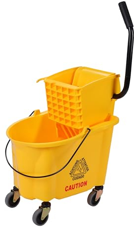 Cubo de fregona de presión lateral amarillo de 26 cuartos y escurridor con ruedas para uso comercial, perfecto para el hogar profesional industrial y empresarial