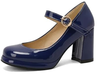 Classico Vernice Verde Blu Navy Punta Chiusa Signore Maturo Ufficio Pompe Cinturino Fibbia Vintage Donne Mary Janes Scarpe Tacchi Block, Blu, 41 EU