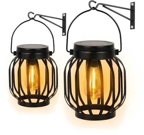 Bawoo 2 Pack Metal Solar Lights Outdoor With Hook - Hanging Garden Lanterns, Auto On/Off, IP65 Waterproof Ornaments for Yard Pathway Patio (Warm White)