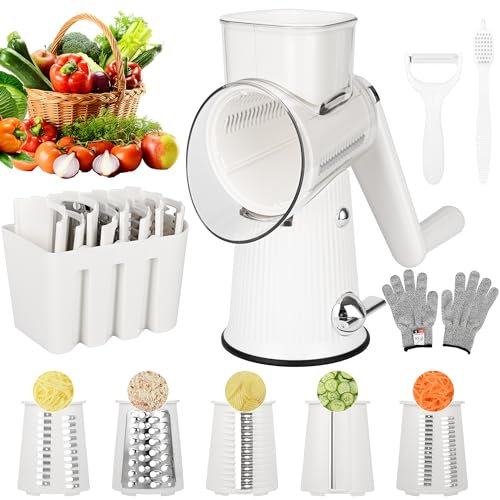 SRIVIJA 5 In 1 Cheese Grater With Hand Crank Countertop For Kitchen，Grater Shredder With Handle For Kitchen Rotating，Vegetable Slicer，Cheese Grinder(White)