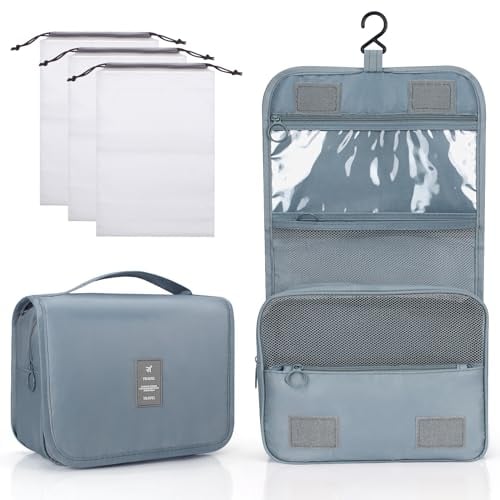 Zivacate Trousse de Toilette à Suspendre, Trousse Toilette étanche avec poignée, Sac de Rangement Maquillage Homme Femme avec 3 Sac à Cordon pour Voyage, Affaires, Fitness, Camping en Plein air –Gris