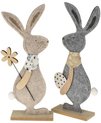 MACOSA HN68189_x2 Deko-Hasen 2er Set Filz Holz Beige Grau 40 cm Hasenpaar Osterhase Blumen Osterdeko Filzhase Oster-Dekoration Tischdeko Hasenset Deko-Figur Ostern