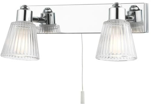 Polished Chrome & Clear Ribbed Glass Bathroom Vintage 2 Lamp Switched Bar Wall Light | 28cm Wide | IP44 Rating | 2 x G9 Lamp Bulbs Required | 240V UK | Pull Cord Switch | Mirror Lighting