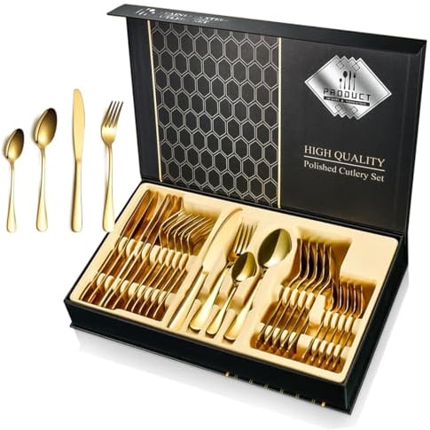 Gold Cutlery Set, 24 Piece Food-Grade Stainless Steel Flatware Set Fine Mirror Gold Finish and Dishwasher Safe Gold Cutlery Set Including Knife Fork Spoon for 6 People,Daily Use (High End Gift Box
