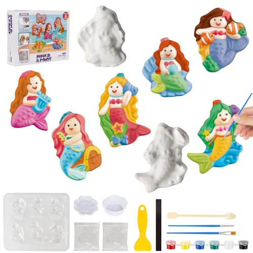 YAOZUP Gips Giessen Kinder, Meerjungfrauen Gipsgießen Set, 6 Muster Meerjungfrauen Bastelset Kinder, Meerjungfrau Gipsfiguren zum Gießen & Bemalen, Kreative DIY Spielzeug ab 6 jahren