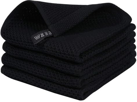 Fowecry 100% Cotton Waffle-Weave Kitchen Dish Cloths, Ultra Soft Absorbent Quick Drying Dish Towels Black 34x34cm