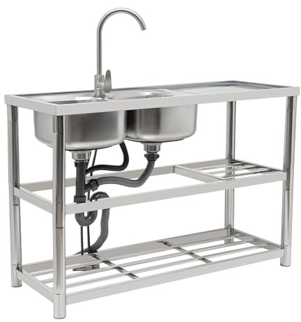 Fregadero Comercial de Acero Inoxidable, 120x45x80cm Fregadero Exterior Jardin, Lavabo Cocina Exterior Jardin, Fregadero Camping con Grifo Giratorio de 360° Mueble Fregadero Capacidad de Carga 100kg