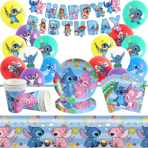 Stitc Kit de Vajilla Cumpleaños, 60 Piezas Party Decoracion Cumpleaños Stitc, Juego de Vajilla de Fiesta Stitc, Stitc Fiesta de Vajilla, Globos, Banners, Platos, Servilletas, Vasos, Manteles