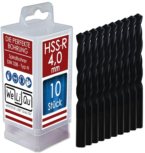 WELIQU 10 Stück HSS-R Spiralbohrer Ø 4,0 mm, rollgewalzte Metallbohrer für Stahl, Alu, Messing, NE Metall, Guss, PVC