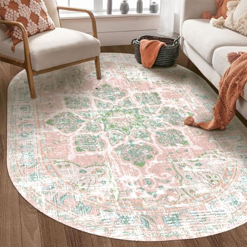 Vhong Waschbarer Boho-Teppich, Vintage, modern, stark frequentiert, Altrosa und Grün, oval, rutschfest, für Esszimmer, Wohnzimmer, Schlafzimmer, Bauernhaus