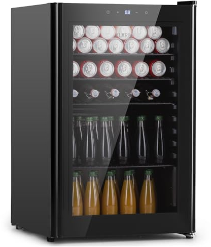 Klarstein Mini Fridge with Glass Door & LED, Mini Fridge for Rooms, Small Drinks Fridge with Removable 4 Shelves, Small Fridge 115L, Indoor/Outdoor Fridge Quiet, 0-10°C