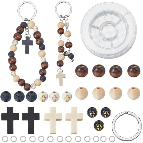SUNNYCLUE 250 kit de Fabrication de Porte Clés Breloque en Croix en Bois Perle en Croix en Bois Perles en Pierre de Lave Naturelle Noire et Blanche Mini Breloque Crucifix Breloques en Croix en Bois Po