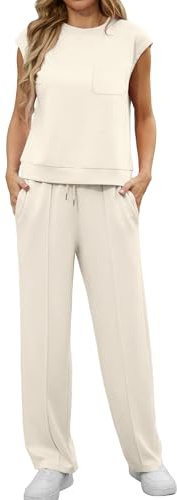 GRECERELLE Two Piece Outfits Women Summer Short Sleeve Tracksuit Womens Full Set Lounge Wear Sets for Women Casual Crew Neck Cap Sleeve Tops and Jogging Bottoms with Pockets(Apricot, M)