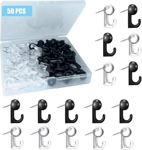 50pcs Push Pin Hooks, Plastic Heads Cork Board Hooks Decorative Thumb Tacks Hook for Photo Wall, Bulletin Board, Home Wall, Home Office School Supplies (Black and Clear)