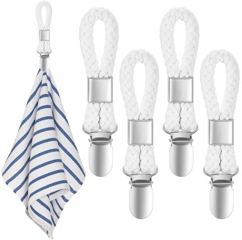4 Stück Handtuch Clips zum Aufhängen, Handtuchclips mit Schlaufen, Handtuch Klammer, Haken für Handtücher, Geschirrtuch Handtuchhalter Clips (Weiß)