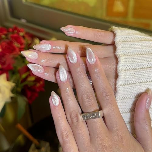 SXVME Light Nude Cat Eye False Nails Almond, Glitter Press on Nails Medium Almond, Bling Shiny Acrylic Fake Nails Press on Medium Stiletto, Sparkly Stick on Nail for Women Daily Wedding Wear, 30 Pcs