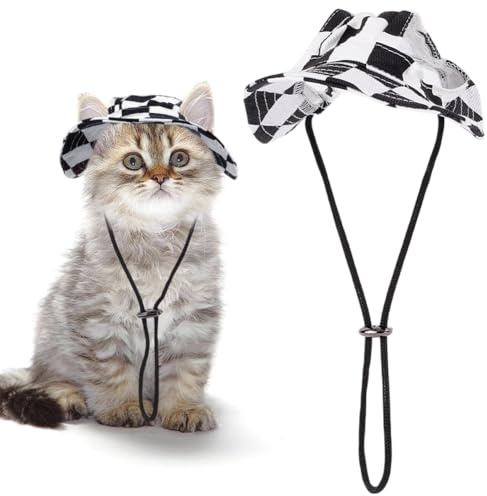 CREATCABIN Chapeau Carreaux pour Animaux Compagnie Chapeau pour Chat Chapeau pour Chien pour Oreilles Couvre Chef pour Chat Coton Doux Protection Solaire Casquettes pour Cordon Réglable Noir 14.5cm