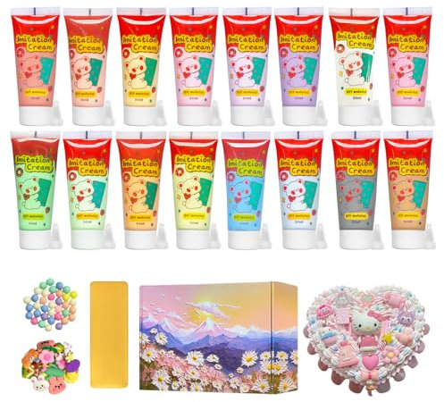 Decoden Cream Glue Kit, Simulation False Whipped Cream Glue, DIY Mobile Phone Case Kit, Deco Cream with Resin Decorations and Nozzles for DIY Craft Gift (16 Pieces Decodes Cream Glue)