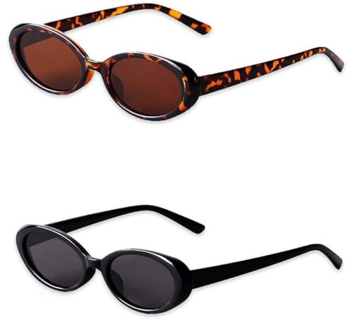 2 Stück Vintage Oval Sonnenbrille, Schwarze Sonnenbrille Damen Modische Schmale Sunglasses für Damen Reisen Geschenke