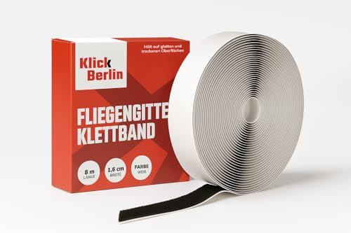 Klick Berlin Zanzariera in velcro extra forte, colore bianco, lunghezza 8 m, larghezza 16 mm, autoadesiva, 8 m, 16 mm, striscia adesiva