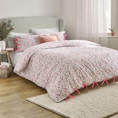 Wylder Nature Hannah Bettbezug-Set – Bettwäsche aus 100% getrommelter Baumwolle mit Blumenmuster und Schleifenverschlüssen (Rosa – Einzelbett)