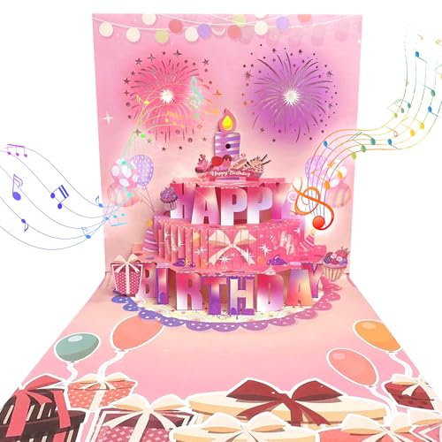 Biglietto musicale 3D rosa con torta di compleanno, biglietto di auguri pop-up con canzone melodica di buon compleanno, regalo unico personalizzato per donne, mogli, ragazze, celebrazioni