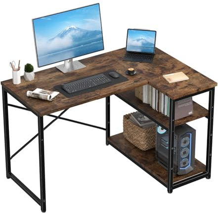 TRIUMPHKEY 120 * 80cm L Shaped Computer Desk with Reversible Large Storage Shelves, Corner Desk Computer Workstation Matching Under Desk Height Adjustable Storage, Home Office Work Table Brown
