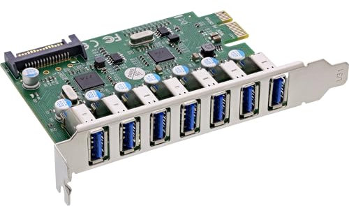 InLine PCIe USB 3.2 Karte, 7X USB-A Gen.1 Ports, 5 Gb/s, SATA Stromanschluss, VL805, für Windows & Linux, 76661L