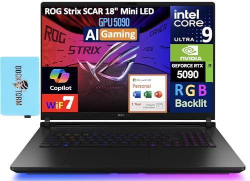 ASUS ROG Strix Scar AI Gaming Laptop 18 240Hz Mini LED WQXGA Display (Intel Ultra 9-275HX, GeForce RTX 5090 24GB, 32GB DDR5, Win 11 Pro) w/MS 365 Personal, DKZ USB Port Expander
