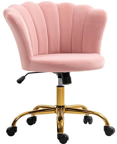 HOMCOM Chaise Bureau en Velours, Chaise Coiffeuse avec Dossier en pétale, Hauteur réglable, Fonction Bascule, Assise rembourrée et pivotante, Fauteuil Coquillage pour Bureau, Salon, Chambre, Rose