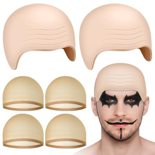 PLULON 2 Stück Halloween Glatzenkappe 2 Perückenkappen für Männer Frauen Makeup Latex Faltige Glatzenkappen Kopfperückenhut mit Nylonperückenkappe Haarnetz für Erwachsene Cosplay Kostümzubehör