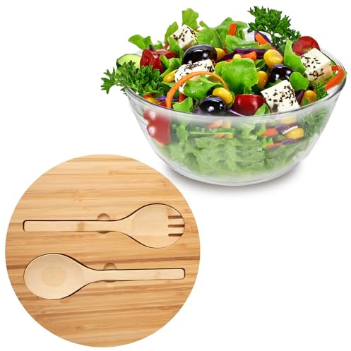 Alongen Glass Salad Bowl with Lid, Large Capacity Vegetable Mixing Bowl Enduring Serving Vessel for Salad for Home Party Kitchen