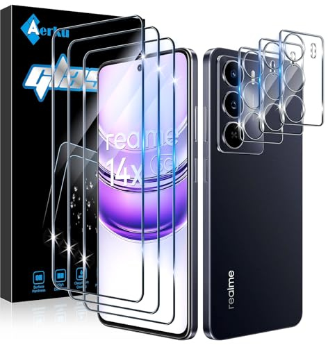 Aerku Cristal Templado para Realme 14X 5G, 3 Piezas HD Protector de Pantalla con 3 Piezas Protector de Lente de Cámara, Ultra Delgado, Sin Burbujas, 9H Dureza Trasparente Vidrio Templado