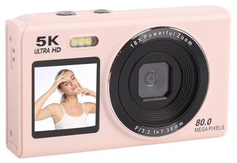 VBESTLIFE 5K Digitalkamera, Zwei Bildschirme mit 18 -Fach Digitaler Zoom, 80 MP, Kompakte Vlogging -Kamera für Teenager, Anfänger, 32 GB Karte (PINK)