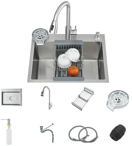 Fregadero Integrado Cocina JUNSOTTOR 60x45 cm - Cepillado Nano, Grifo Volante Retractable, Dispensador de Jabón Empotrado