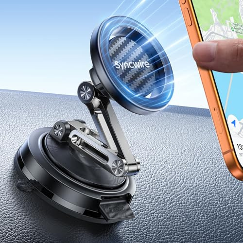 SYNCWIRE Support Téléphone Voiture Magnétique MagSafe, 3 Axes, Ventouse Remplaçable (Tableau De Bord/Pare-Brise), Rotation 360°, Pliable, Pour iPhone 17–12 Pro Max Plus