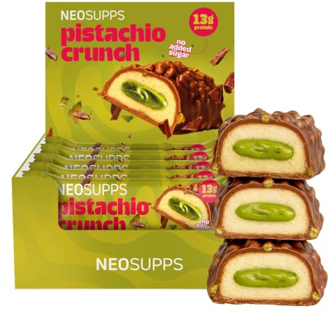 Neosupps Protein Bar Pistachio Crunch 12x45g, Proteinriegel mit 13g Protein & nur 1,8g Zucker, Eiweißriegel mit echten Pistazienstücken & Vollmilchschokolade, low-sugar, high Protein Riegel