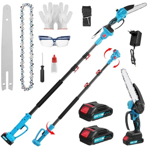 2-in-1 Mini Kettensäge 6 Zoll mit Teleskopstange, Akku Hochentaster Ast Kettensäge Profi-Astsäge, 2800W Bürstenloser Teleskop Kettensäge mit 2 Akku, Arbeitshöhe bis 2,1m, für Baumzweige&Holzschneiden