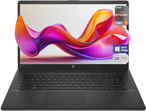 HP 17 Business Laptop, AMD Ryzen 7 7730U, 16 GB DDR4 RAM, 512 GB PCIe SSD, 17.3 FHD (1920x1080) Display, AMD Radeon-Grafikeinheit, QWERTZ Tastatur, Windows 11 Pro, Jet Black
