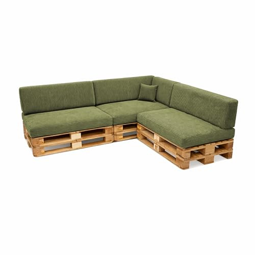 POKAR Palettenkissen 8er Set: 3X Sitzkissen 120x80 + 3X Rückenkissen 120x40 + Seitenkissen + Dekokissen | Palettenauflagen für Palettensofa aus Cordstoff mit Abnehmbarem Bezug | Made in EU | Khaki