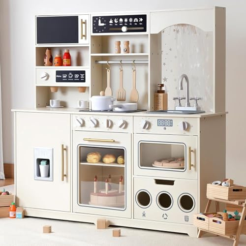 besrey Cocina De Juguete De Madera 105 cm con Luz Y Sonido, Beige