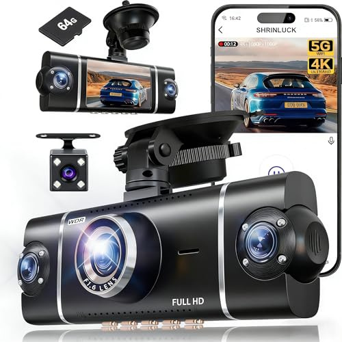4 Channel Dash Cam, 4K + 3 x 1080P Dash Cam Front/Rear/Inside/Side 360°View Car Camera Built-in 5G WiFi GPS, 24H Parking Mode, G-Sensor, Loop Recording, 64GB Card Included