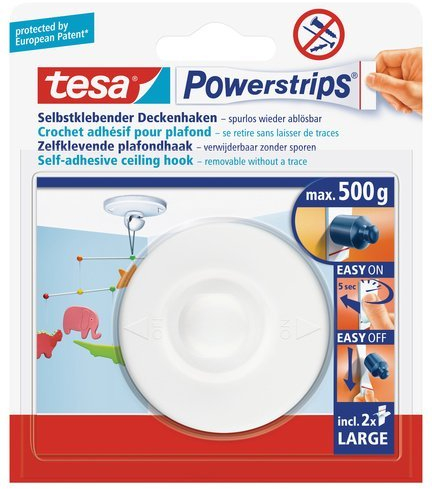 tesa Powerstrips® Deckenhaken, selbstklebend, wieder ablösbar, bis 0,5kg (5er Spar-Pack)