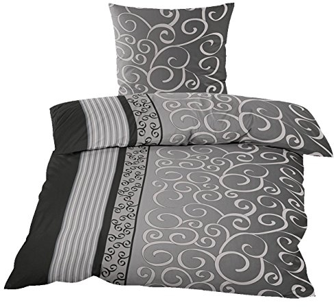 Home-Impression 2tlg. Winter Kuschel Fleece Bettwäsche 135x200cm / 155x220cm und 80x80cm Winterbettwäsche mit Reissverschlüsse (schwarz grau Ranken 135x200cm)