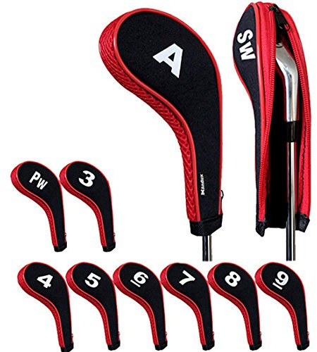 Andux 10pcs/set Number Print Golf Iron Club Head Covers with Zipper Long Neck Black/red