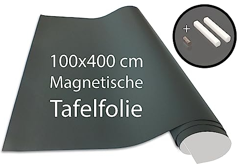 Cuadros Lifestyle Tafelfolie 100 x 400 cm | Magnetisch und selbstklebend - Vinyl- Kreidefolie | Magnettafel | inkl. Kreide + Neodym-Magnete | Tafel 100x400 cm Grau
